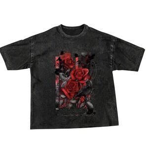 Unbranded Graphic T-Shirt Unisex One Size Black NWOT Roses Crow Acid Wash Cotton